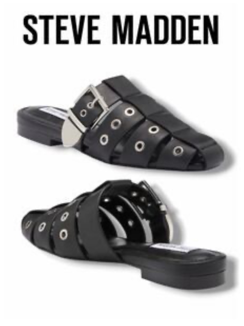 Steve Madden Black Leather Grommet Strap Slides